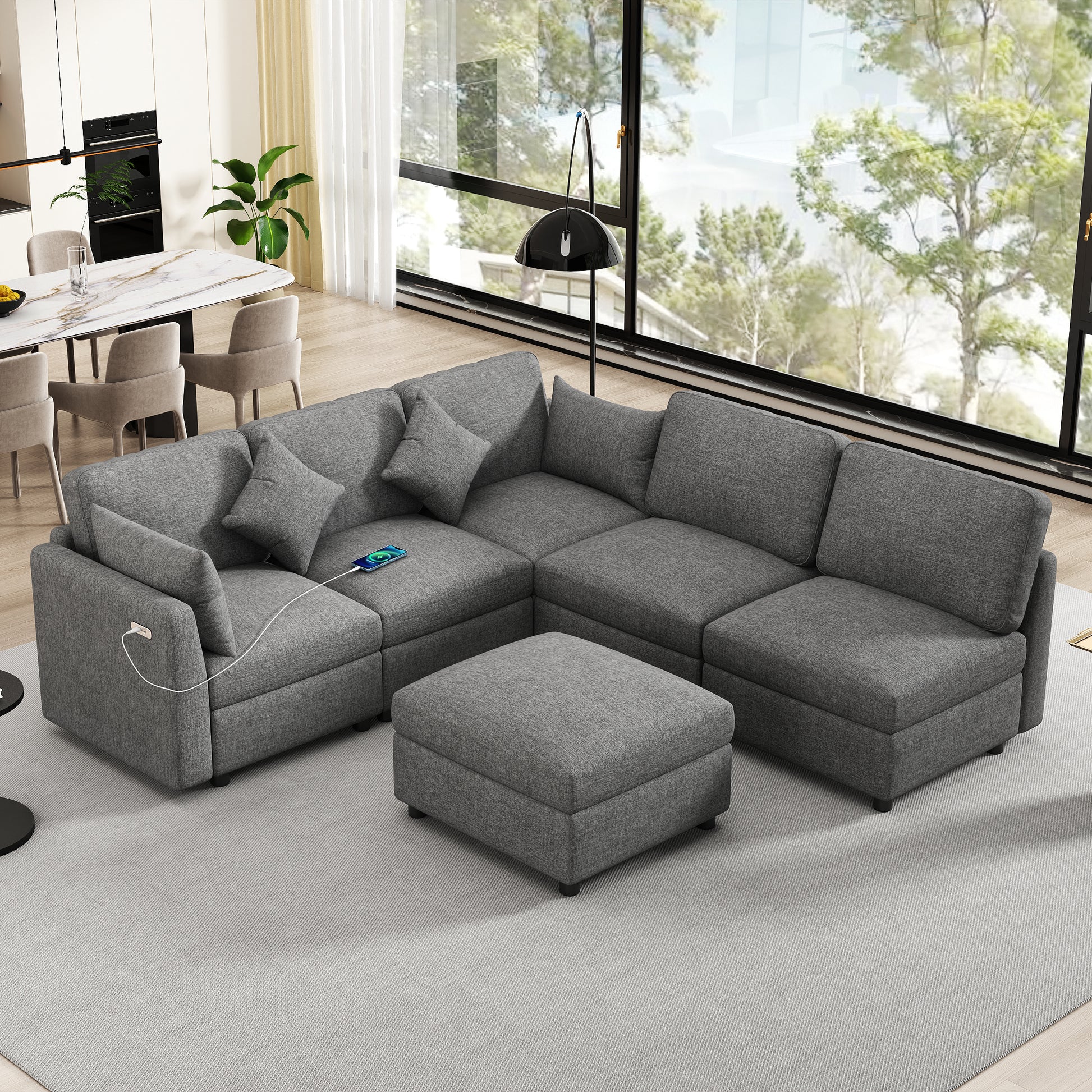 Gray fabric sectional sofa with ottoman and builtin USB charger
