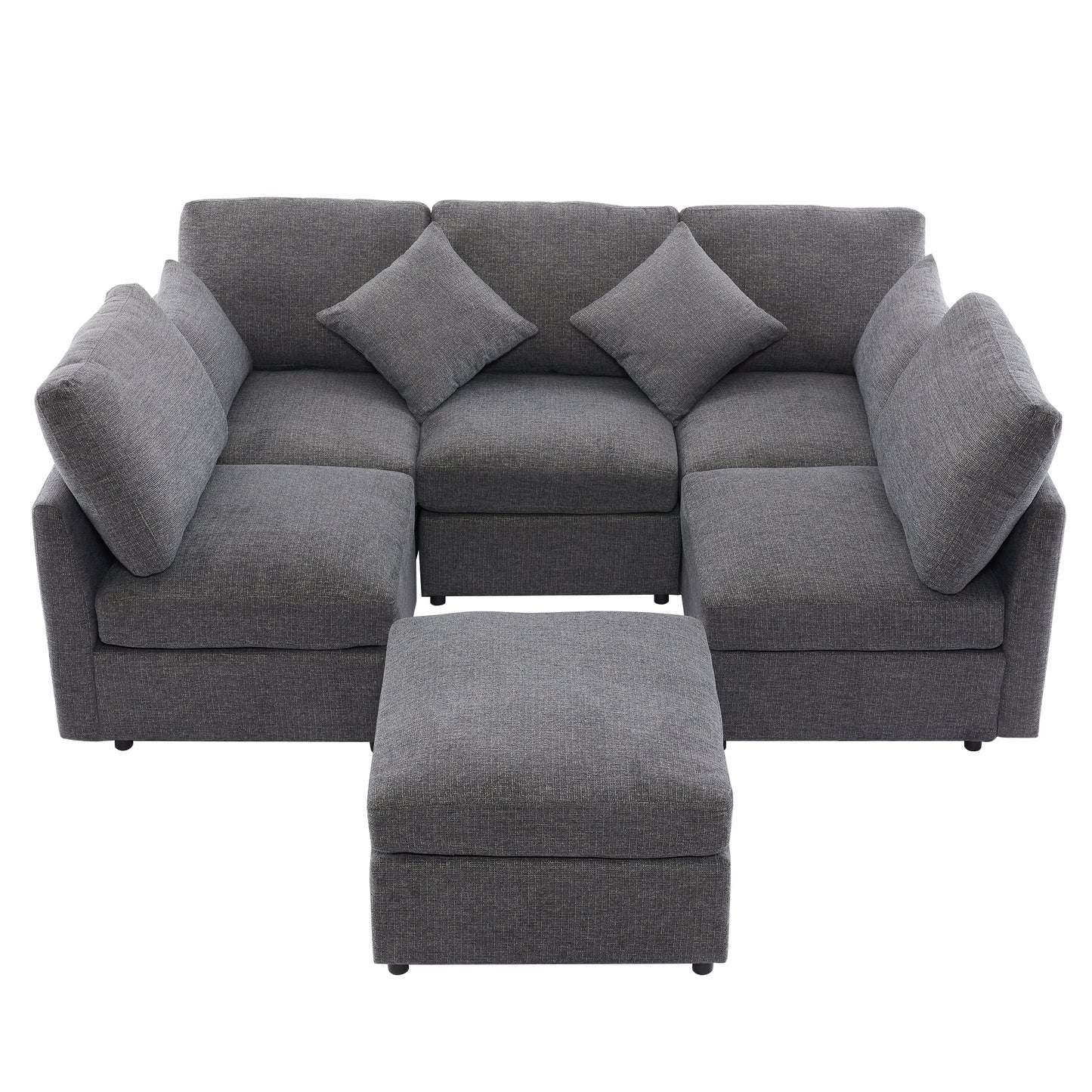 Plush grey fabric sectional sofa with ottoman perfect for modern living rooms