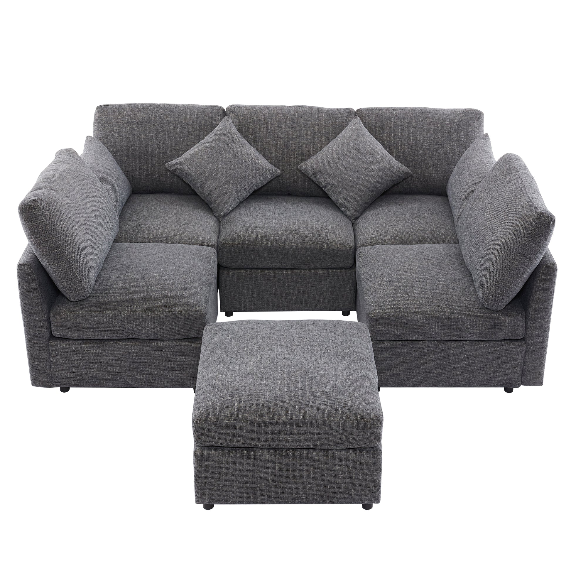 Plush grey fabric sectional sofa with ottoman perfect for modern living rooms