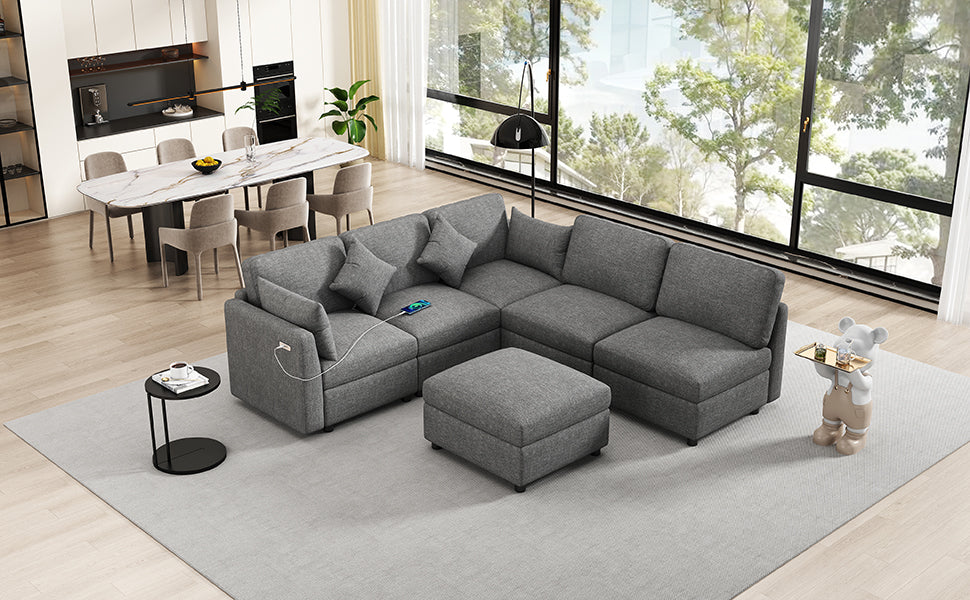 Gray sectional sofa with USB ports and ottoman modern living room furniture