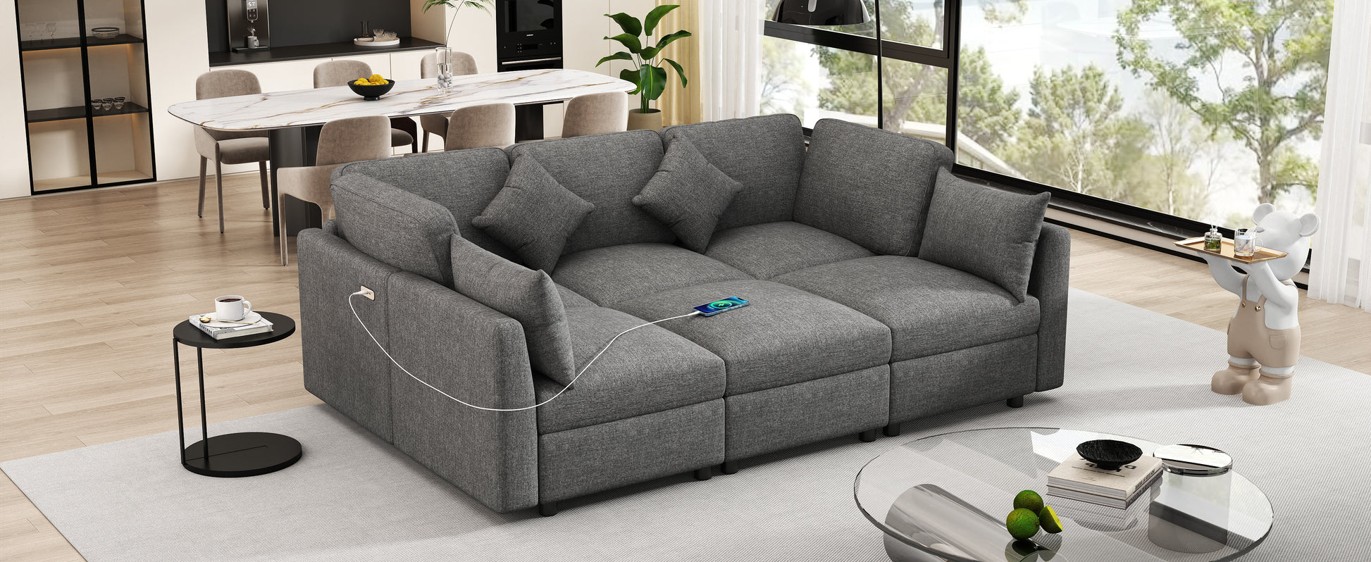 Contemporary gray modular sofa with builtin USB charging port for easy device power