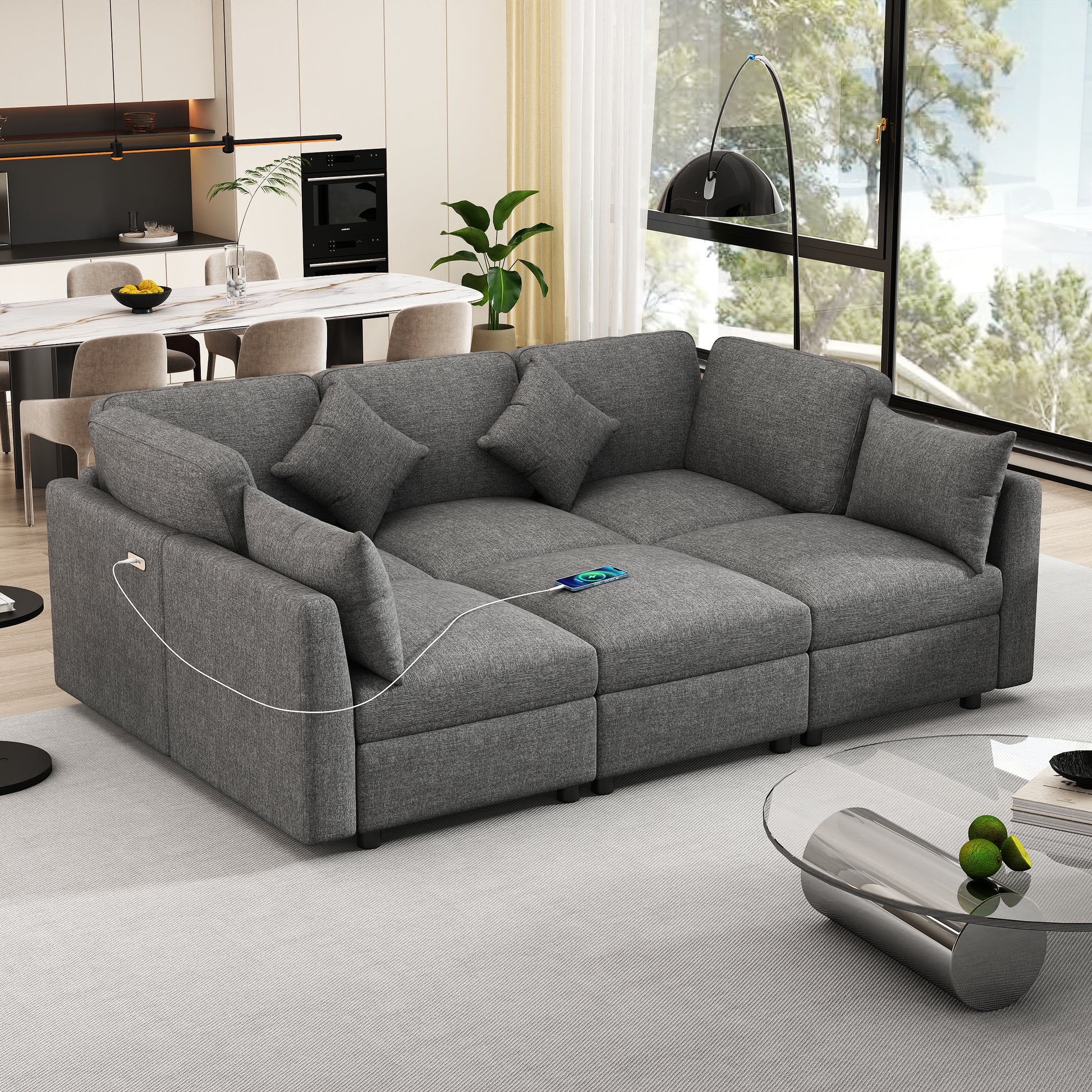 Grey fabric sectional sofa with builtin USB charging ports and adjustable headrests