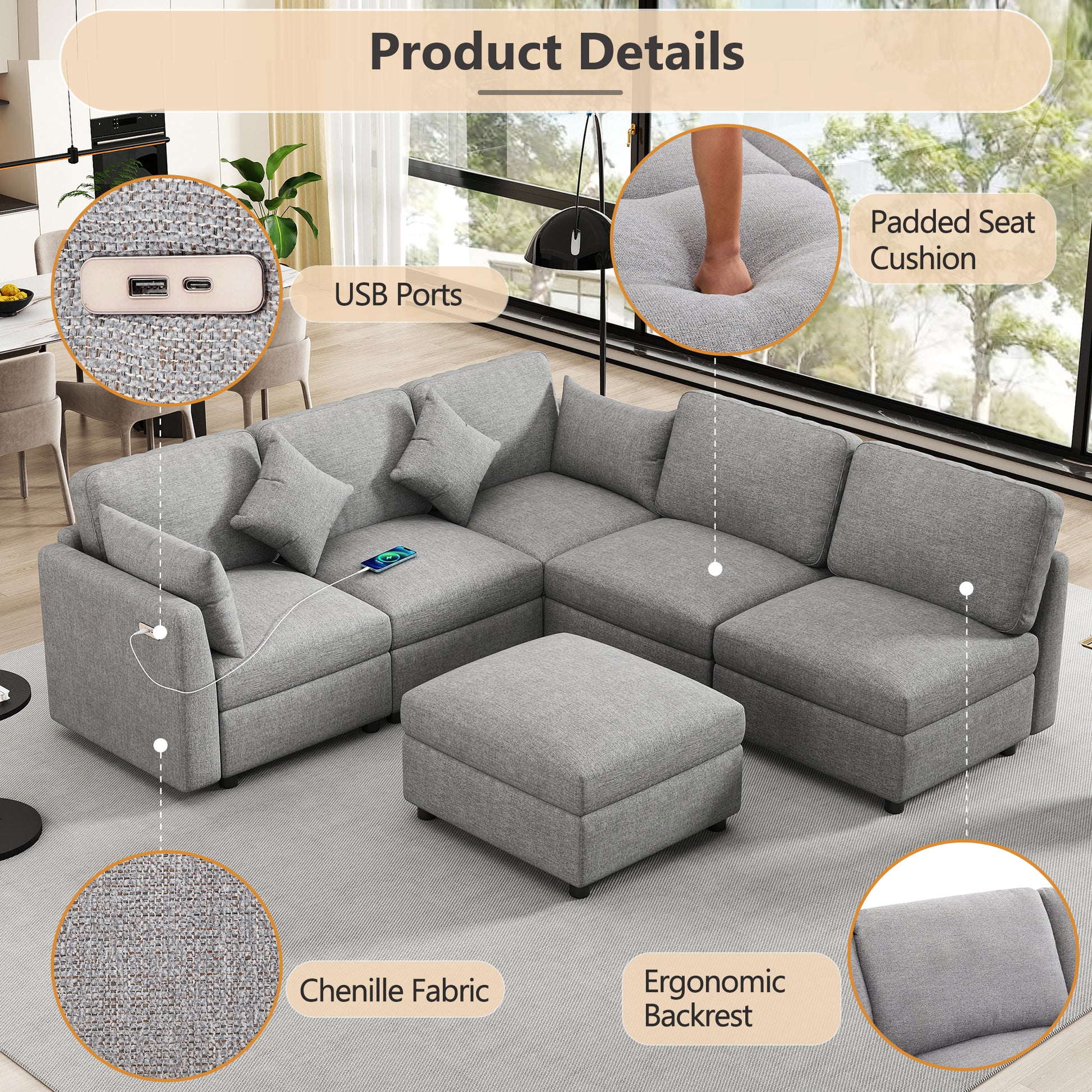 Sectional sofa with gray chenille fabric USB ports and an ottoman