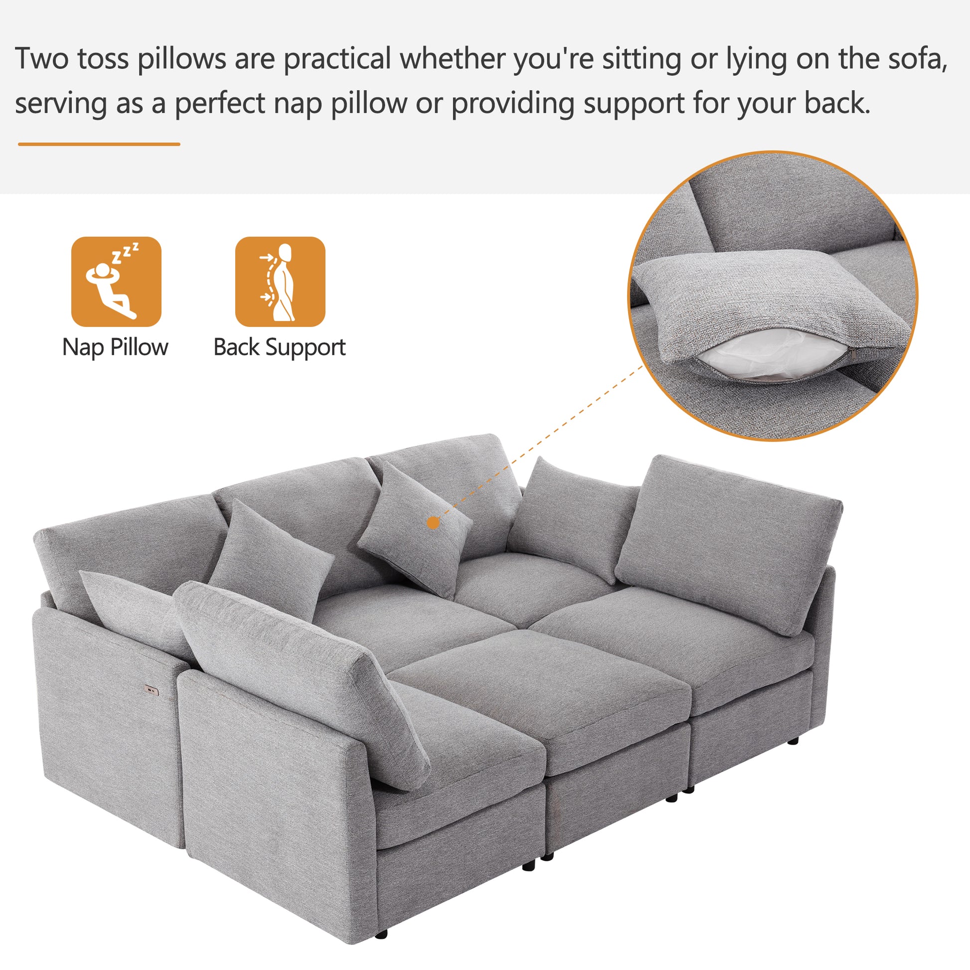Gray sectional sofa with plush toss pillows providing comfort and back support