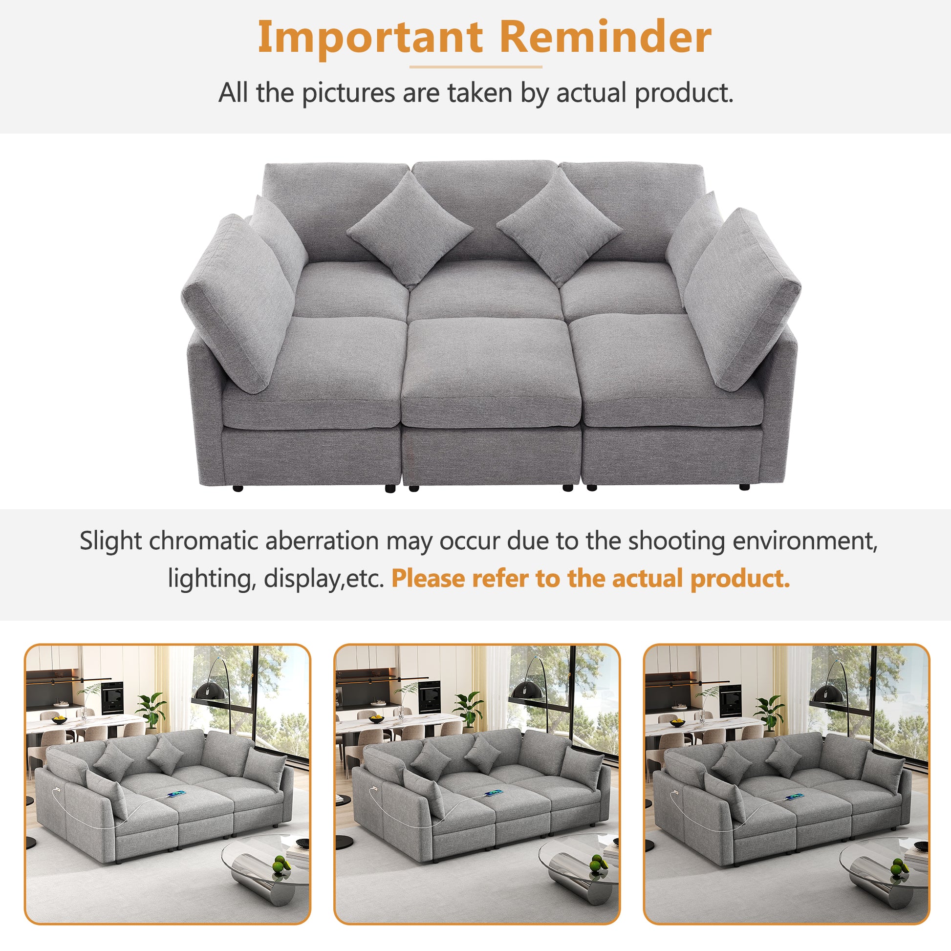 Modern grey fabric sectional sofa with plush cushions and builtin USB charging port for living room comfort