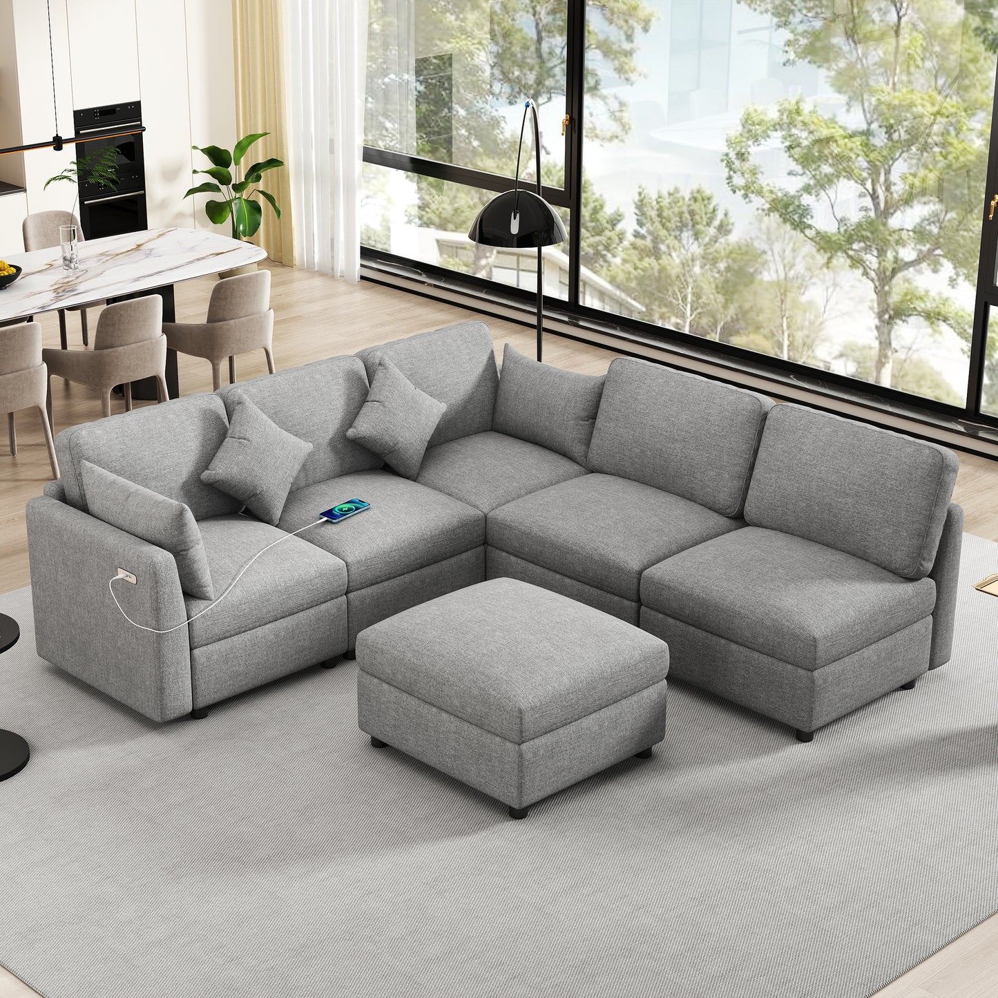 Modern grey fabric sectional sofa with builtin USB charger and ottoman