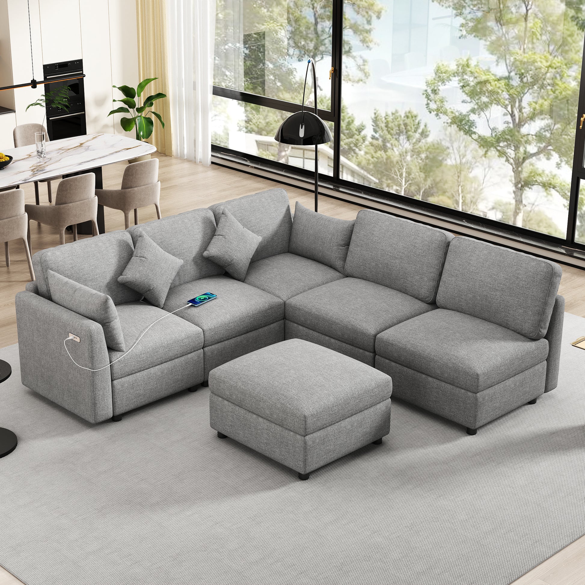 Modern grey fabric sectional sofa with builtin USB charger and ottoman