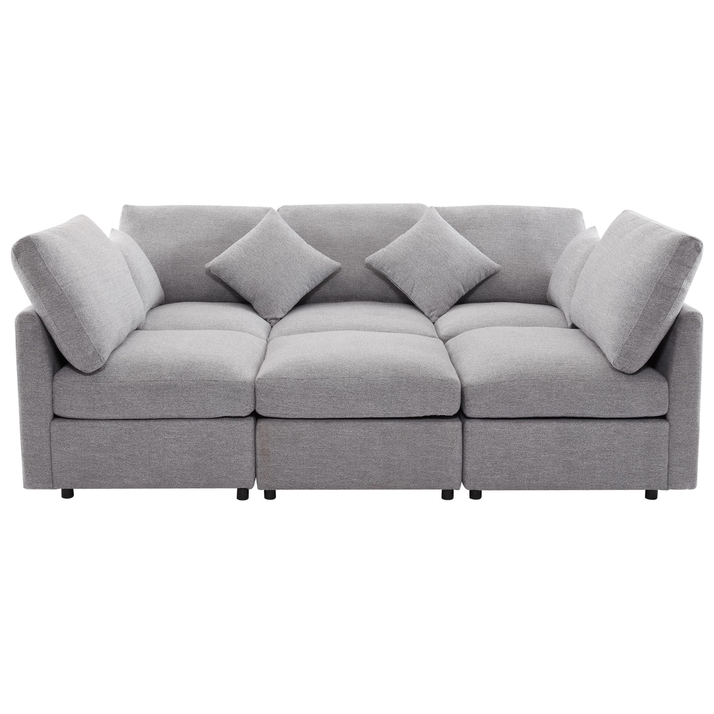 Modular grey fabric sectional sofa with plush throw pillows for modern living rooms