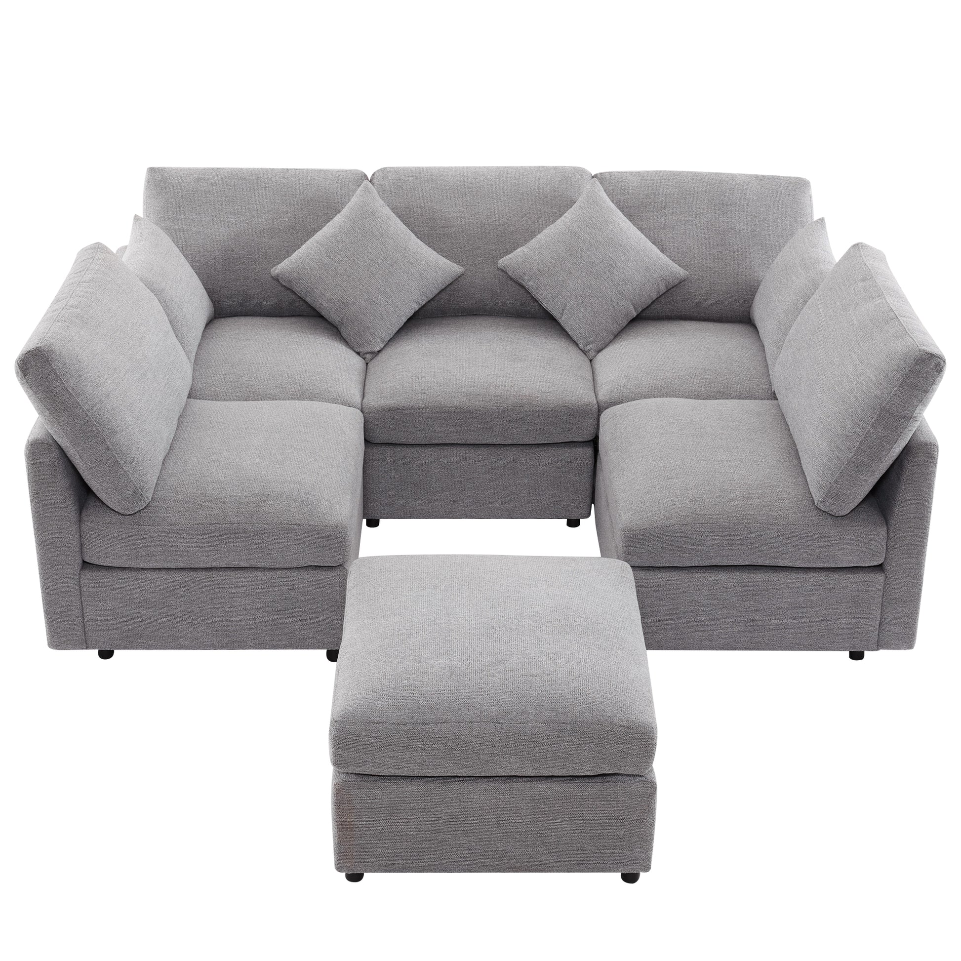 Gray fabric sectional sofa with upholstered ottoman modern design
