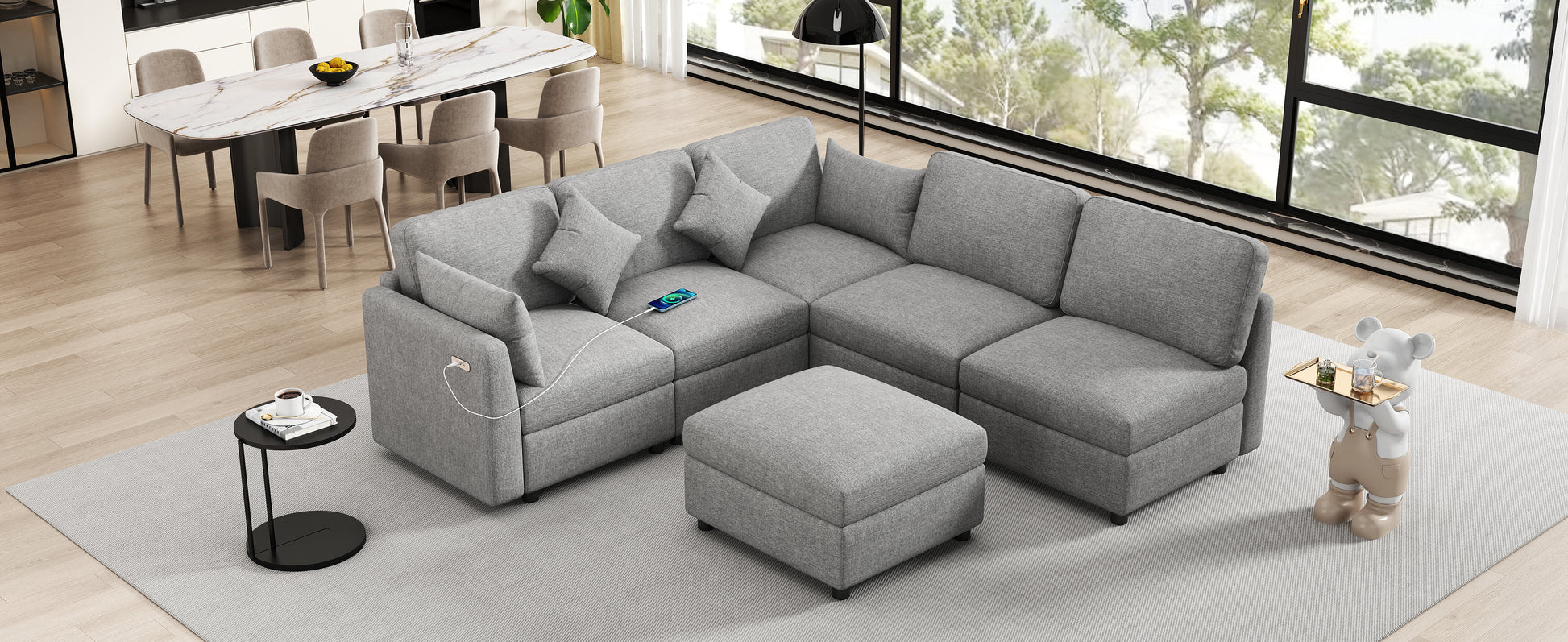 Gray sectional sofa with integrated USB charging port for modern living rooms