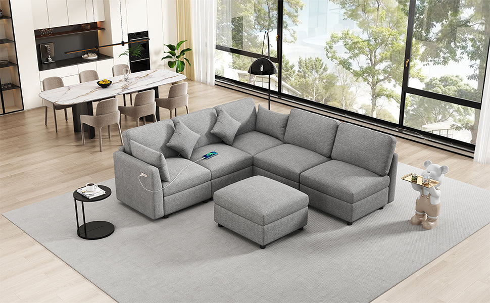 Gray fabric sectional sofa with ottoman and builtin USB ports