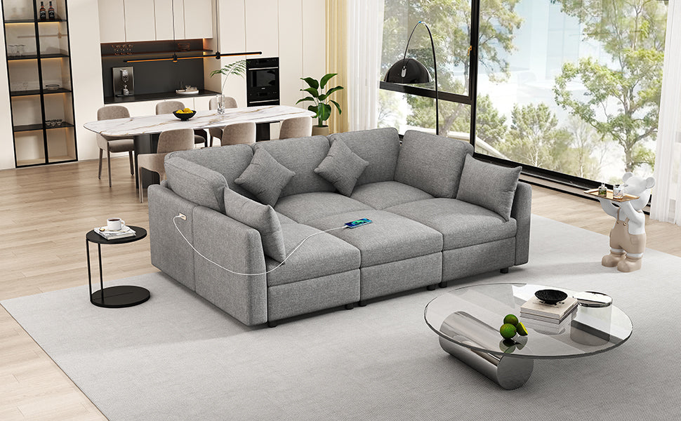 Modular grey fabric sectional sofa with builtin USB charging ports for modern living