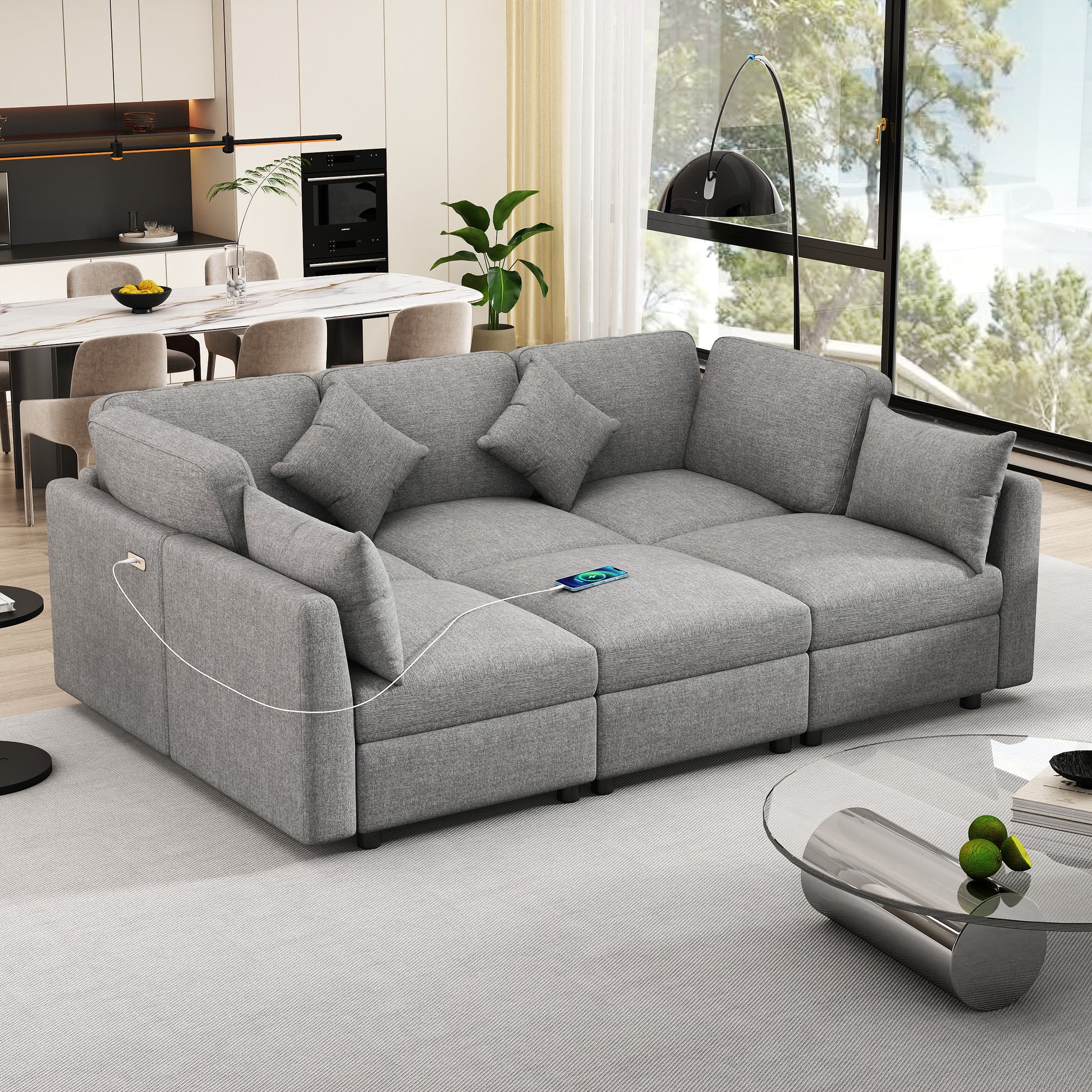 Grey fabric sectional sofa with builtin USB charging ports perfect for modern living rooms