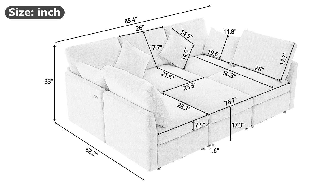 Modular sectional sofa with plush cushions and precise dimensions for living room layout planning