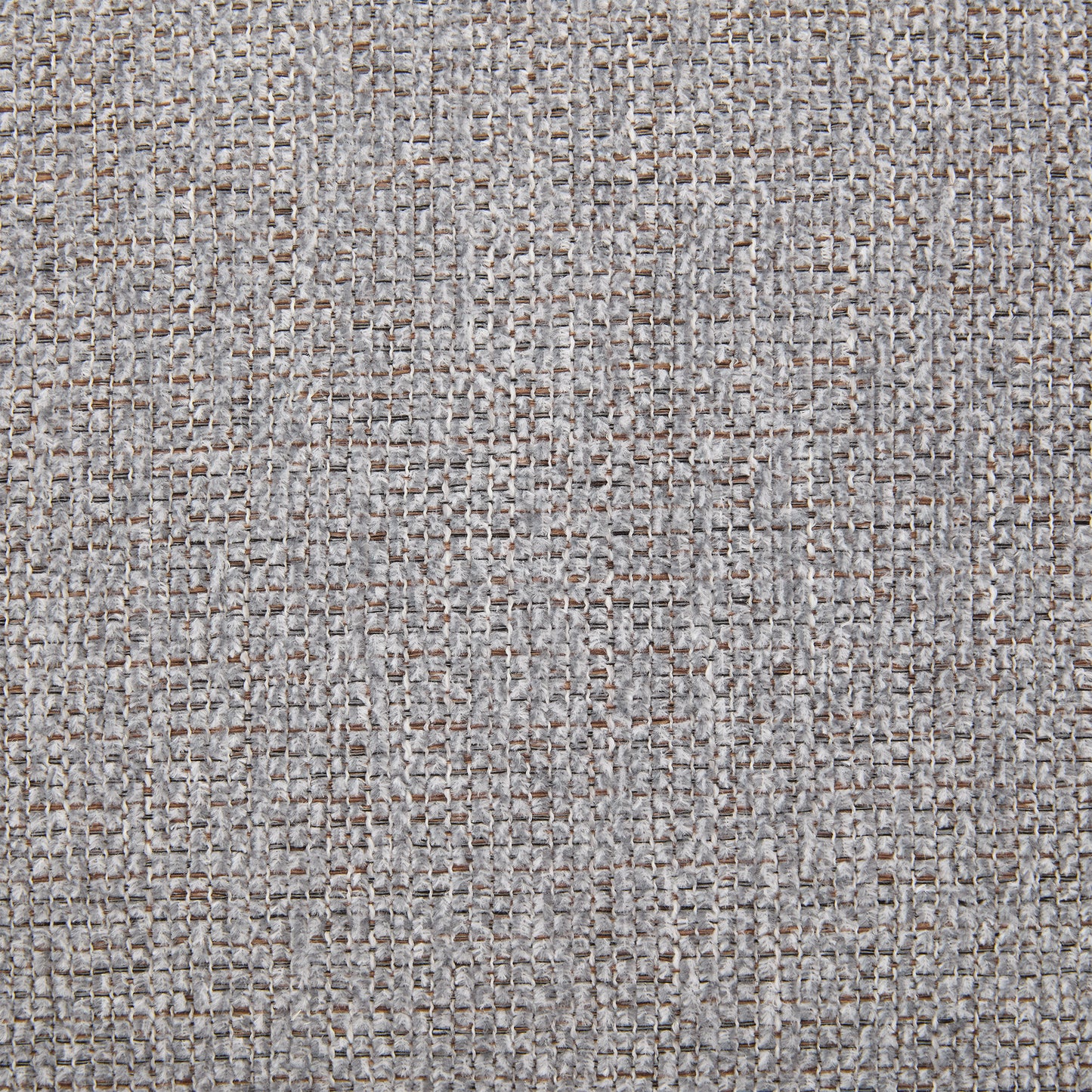 Closeup of textured grey upholstery fabric with visible weave and brown threads
