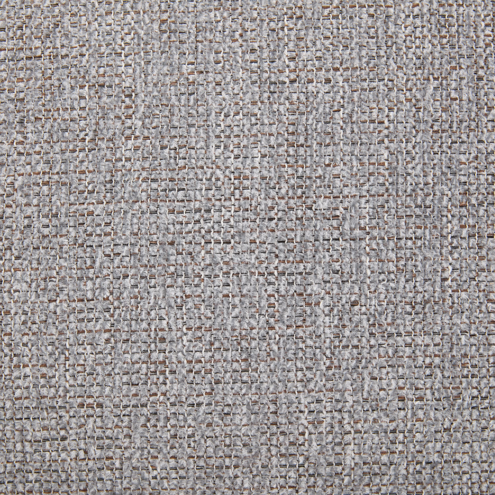 Closeup of textured grey upholstery fabric with visible weave and brown threads