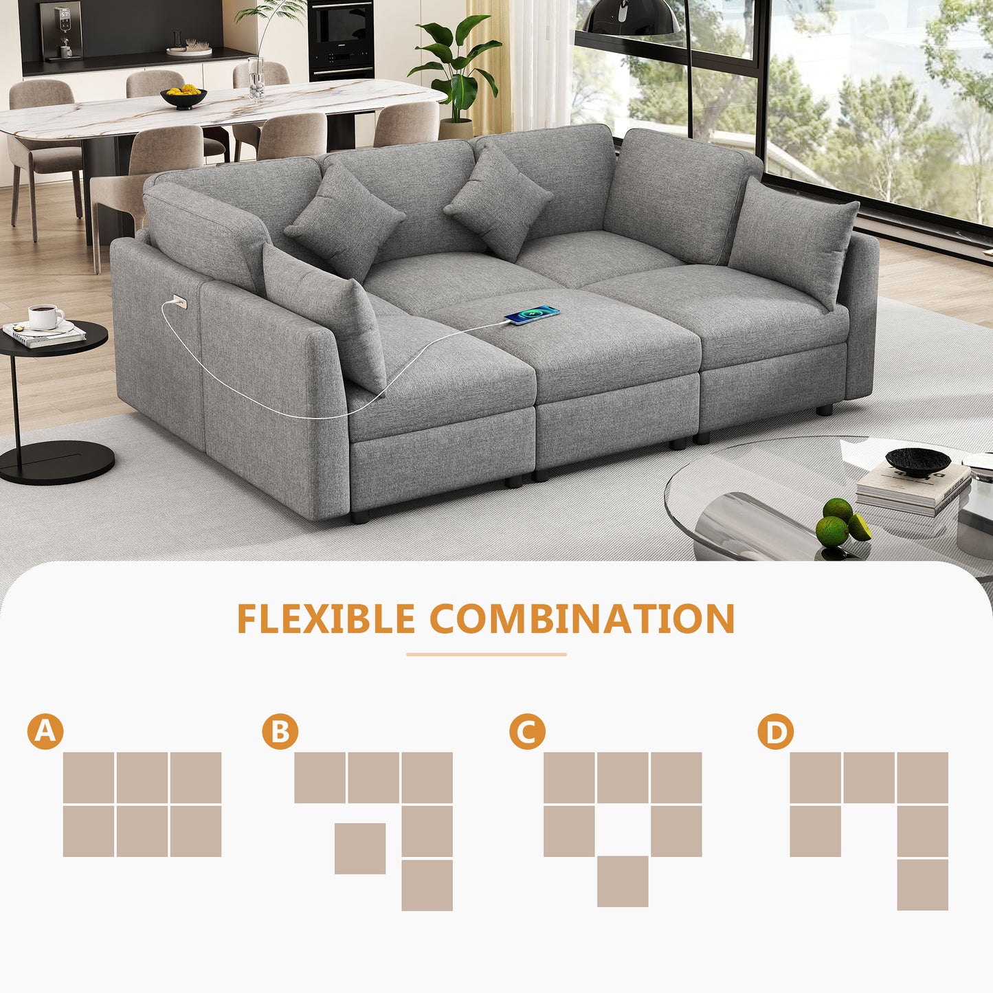Modern gray fabric sectional sofa with builtin USB charger for living room comfort
