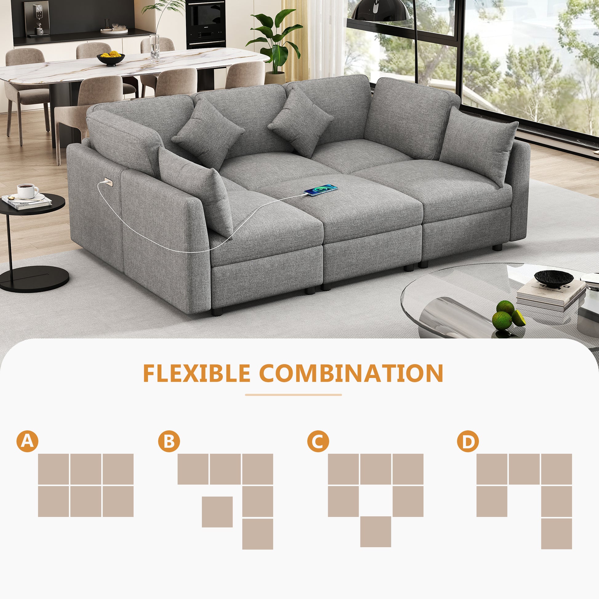 Modern gray fabric sectional sofa with builtin USB charger for living room comfort