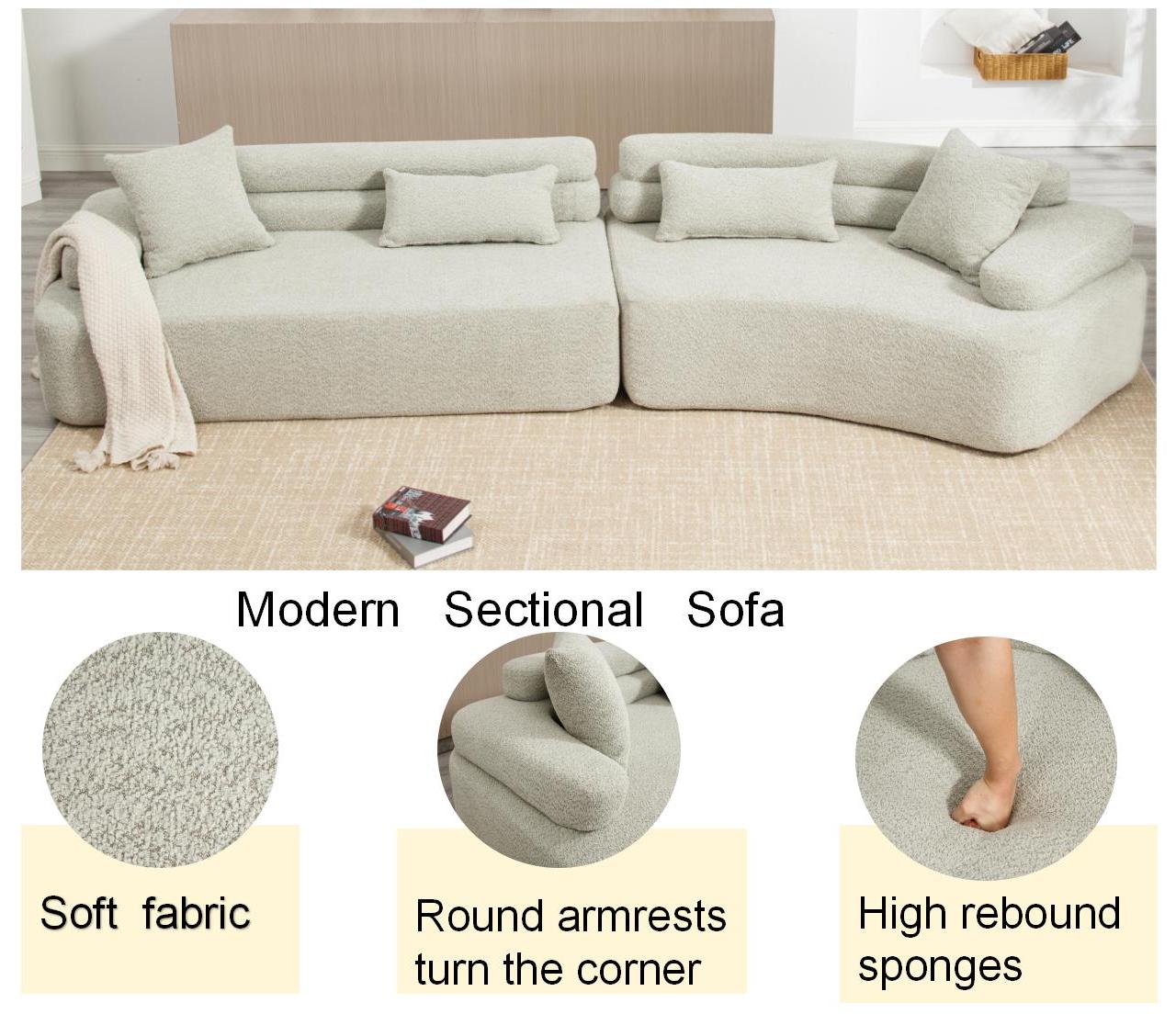 Light grey modern sectional sofa with plush teddy bear fabric and cozy throw blanket