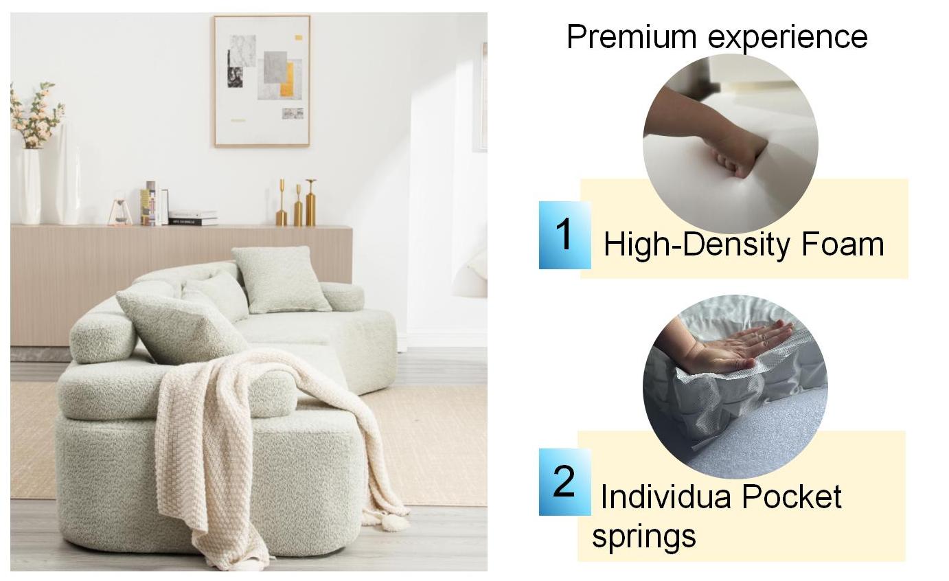 Plush boucle fabric sectional sofa in cream with a textured throw blanket draped over it