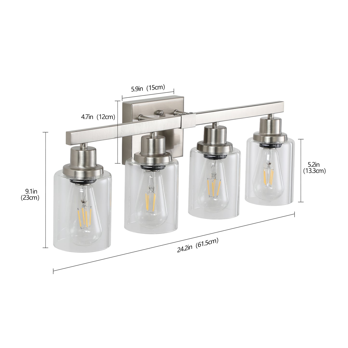 Brushed nickel vanity light with four clear glass shades and exposed Edison bulbs