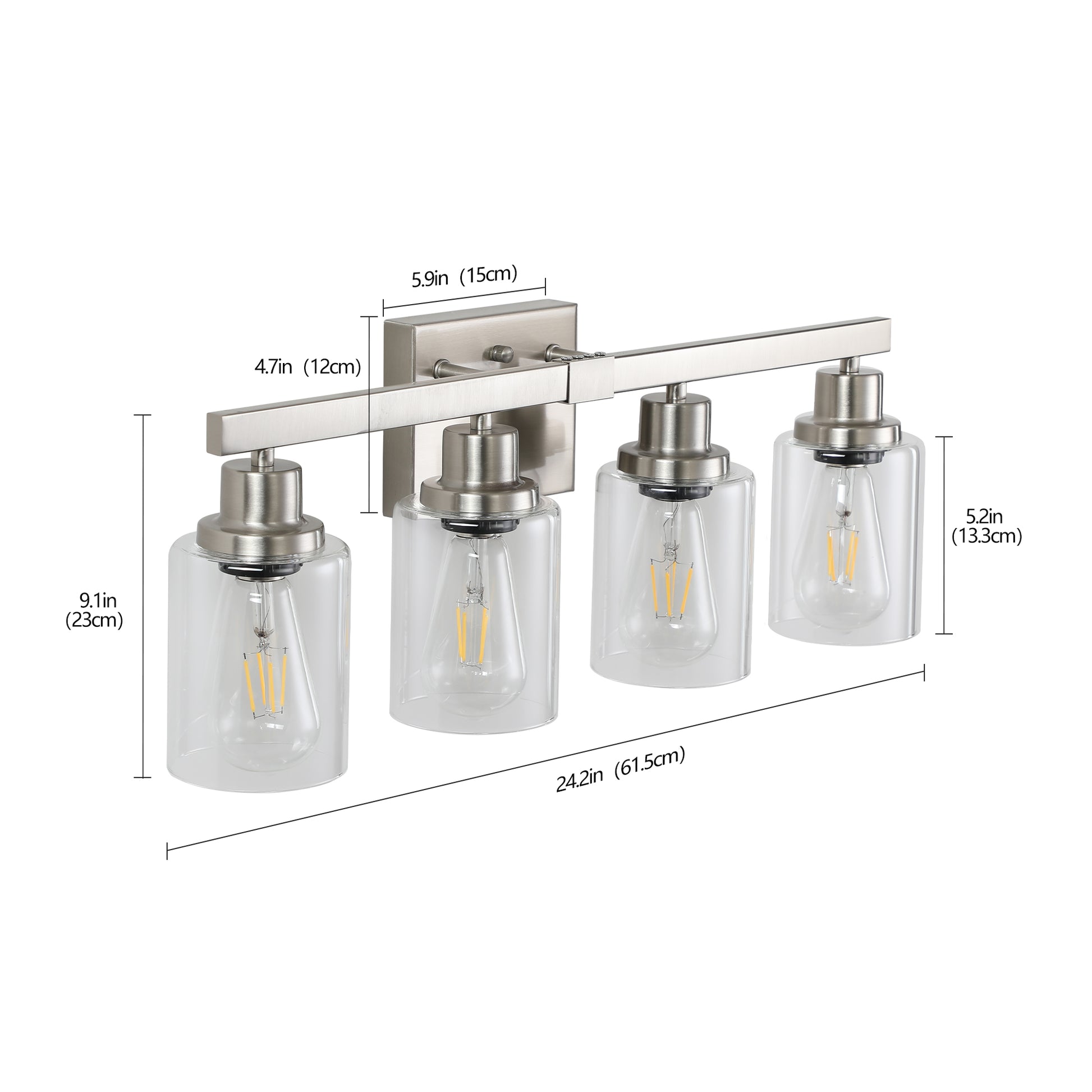 Brushed nickel vanity light with four clear glass shades and exposed Edison bulbs