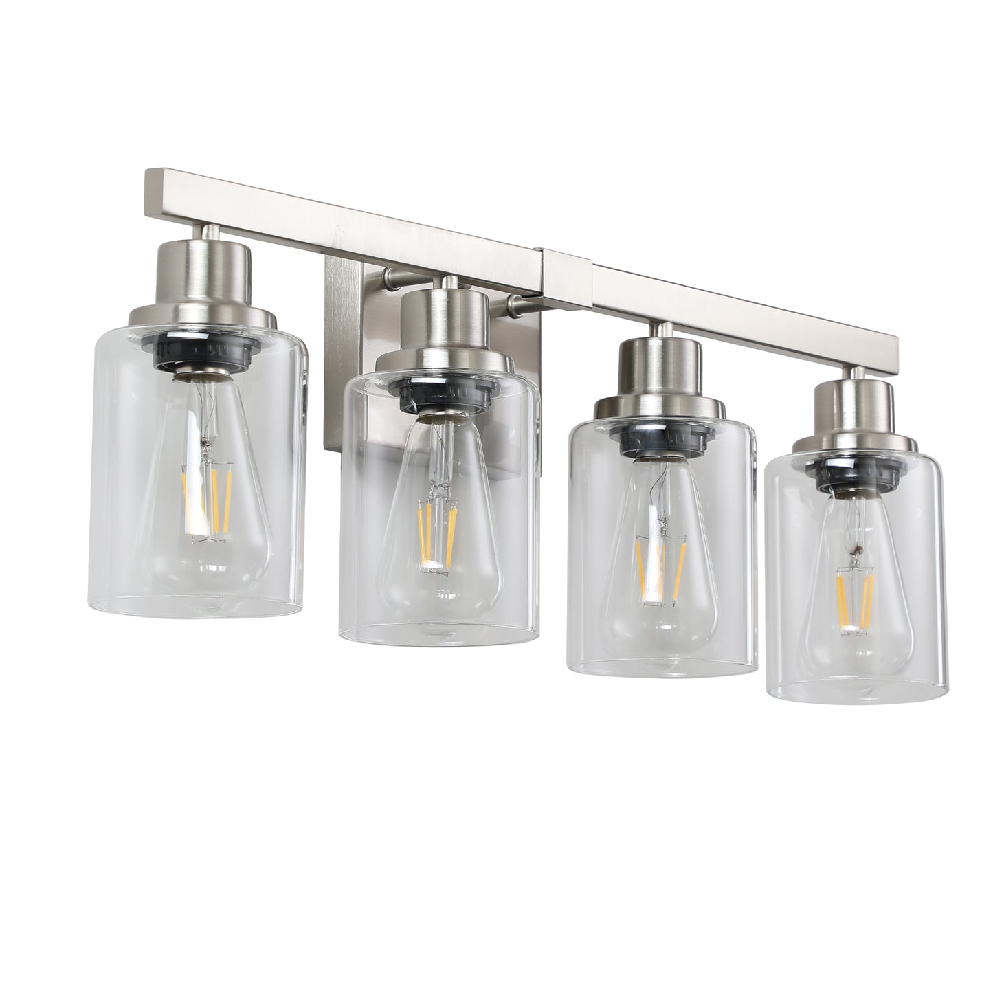 Brushed nickel vanity light fixture with four clear glass shades and Edison bulbs