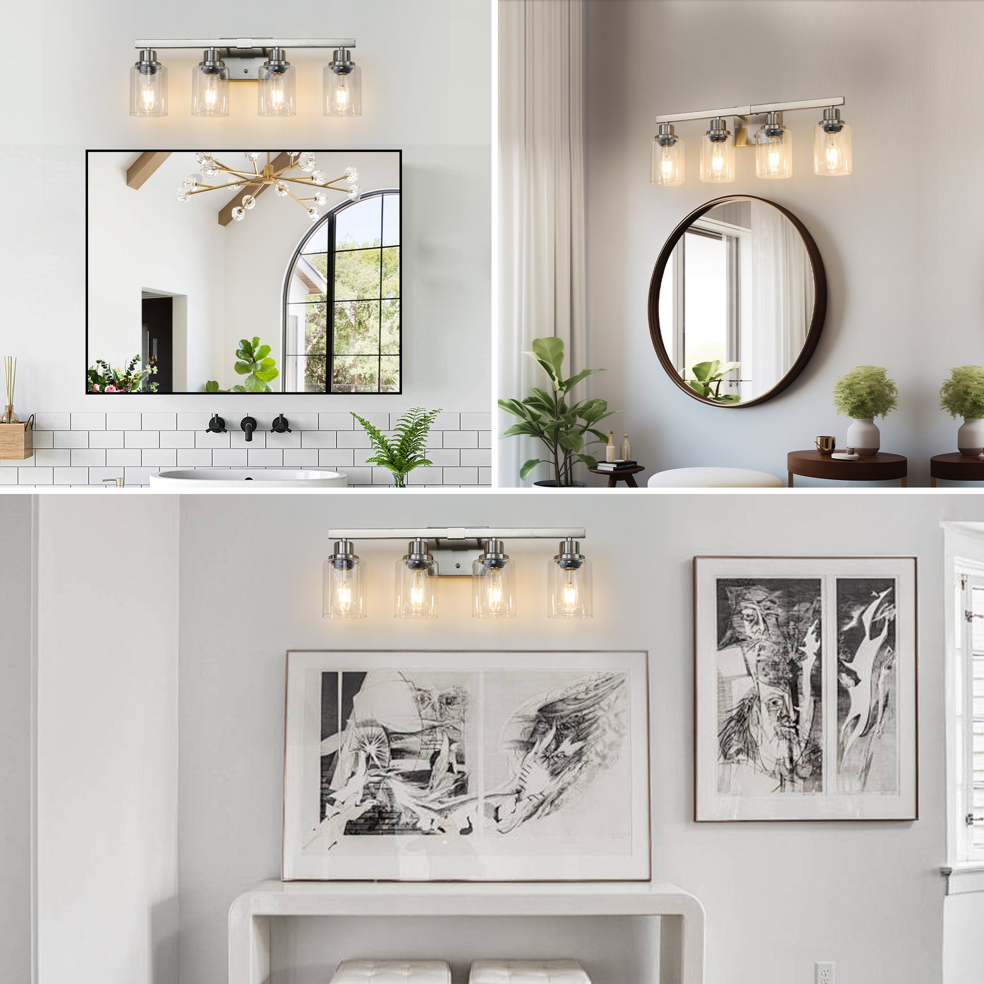 Brushed nickel vanity light with four clear glass shades perfect for bathrooms