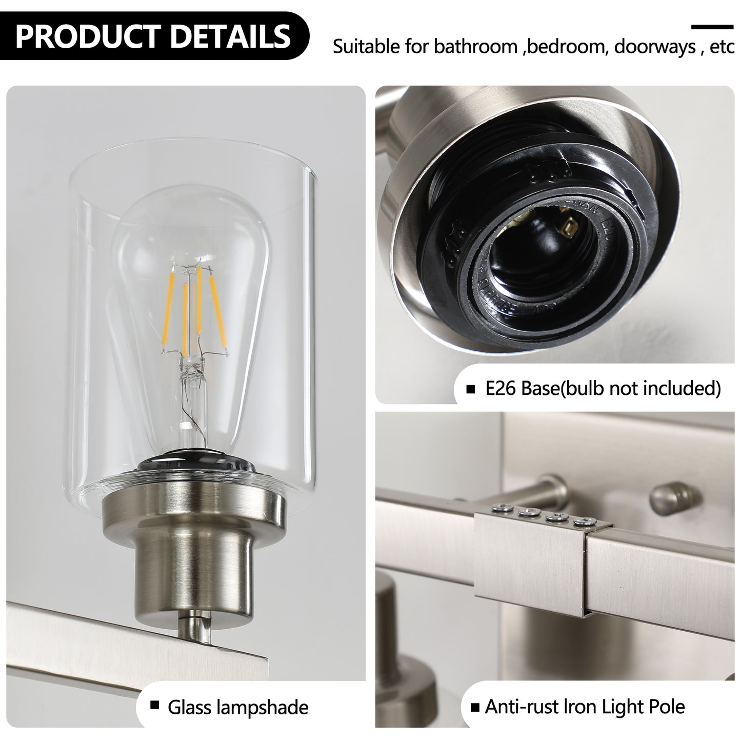 Brushed nickel vanity light with clear glass lampshade and exposed LED filament bulb