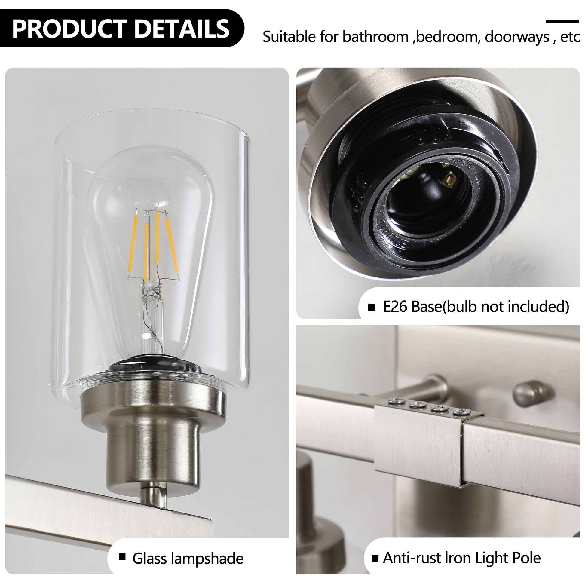 Brushed nickel vanity light with clear glass lampshade and exposed LED filament bulb