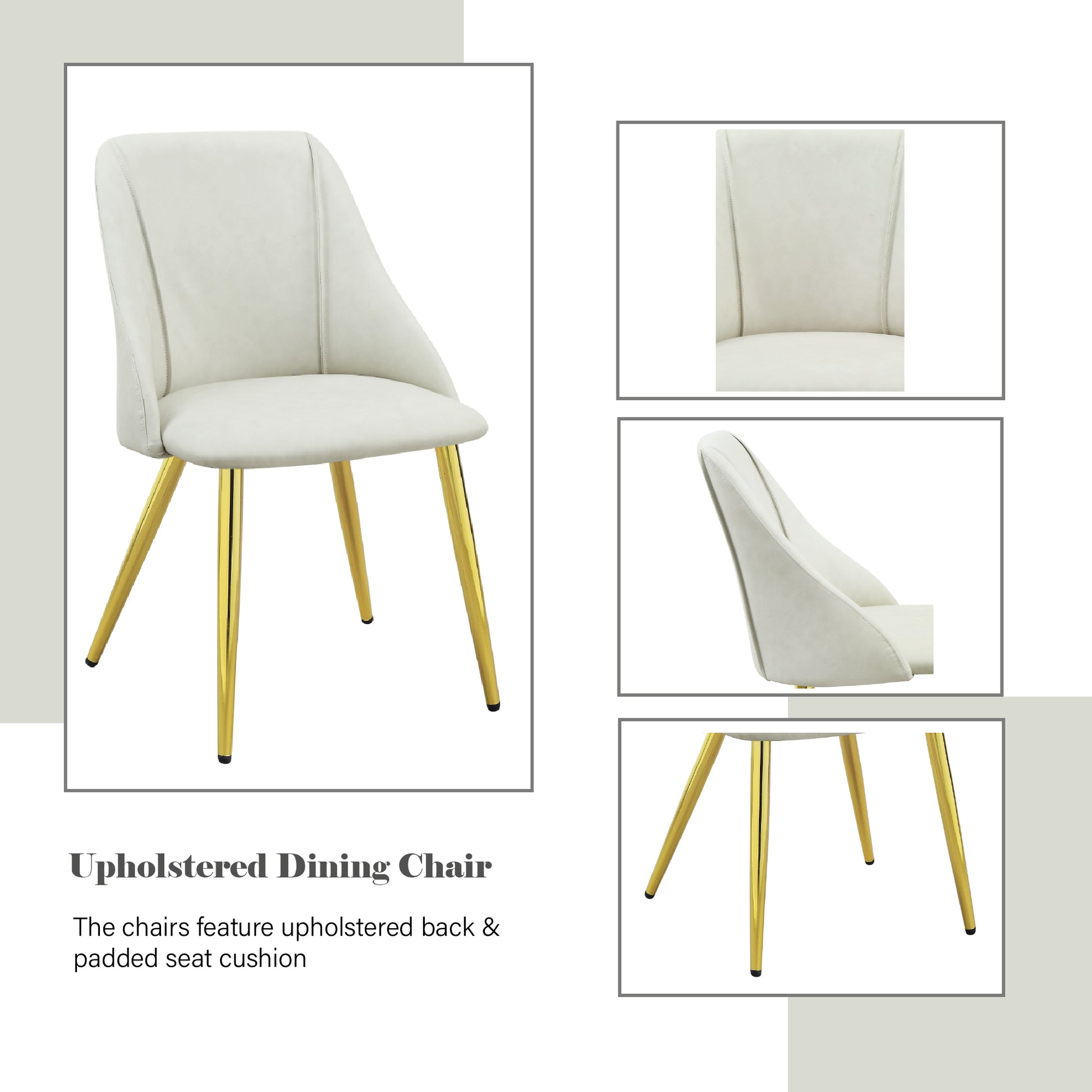 Modern cream upholstered dining chair with polished gold metal legs
