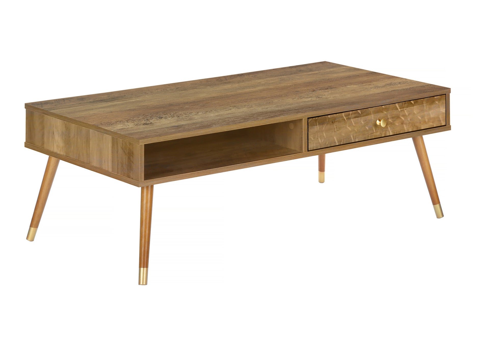 Midcentury modern coffee table with natural wood finish and angled legs