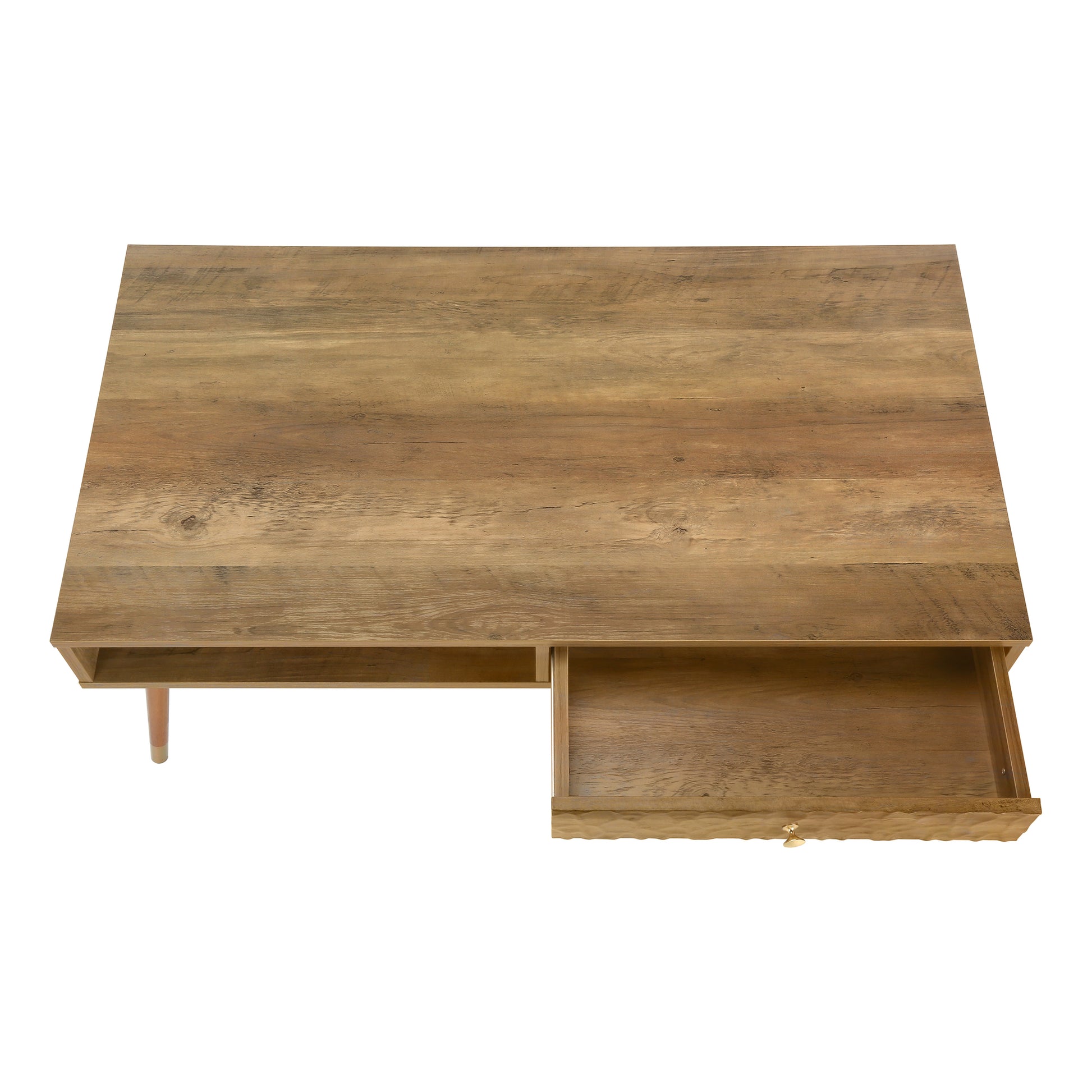 Rustic wood coffee table with one open drawer and metal legs