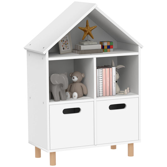 White houseshaped bookcase with two drawers and open shelves displaying toys and books