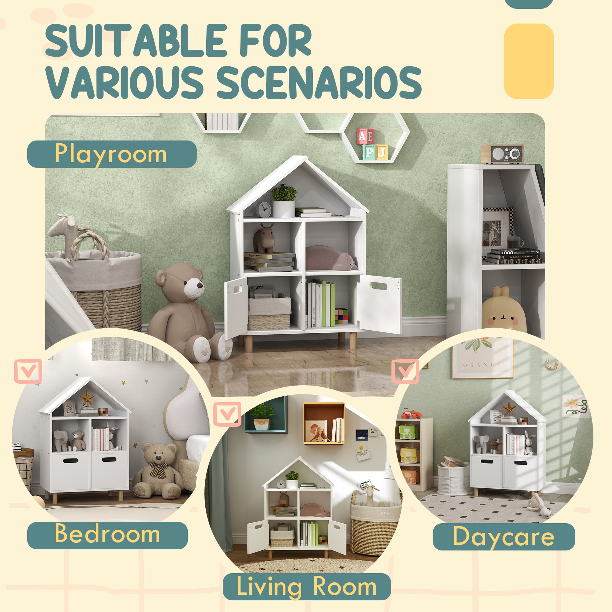 White houseshaped shelf unit with open compartments and doors shown in a playroom setting