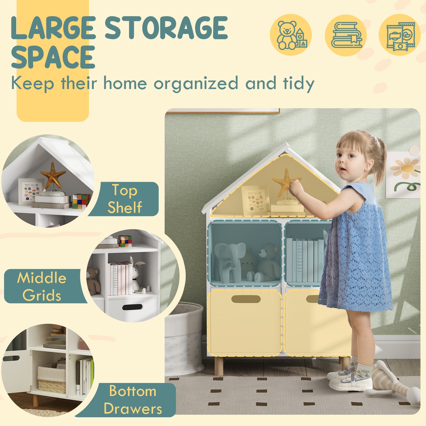 Childs bedroom storage unit with houseshaped design yellow drawers