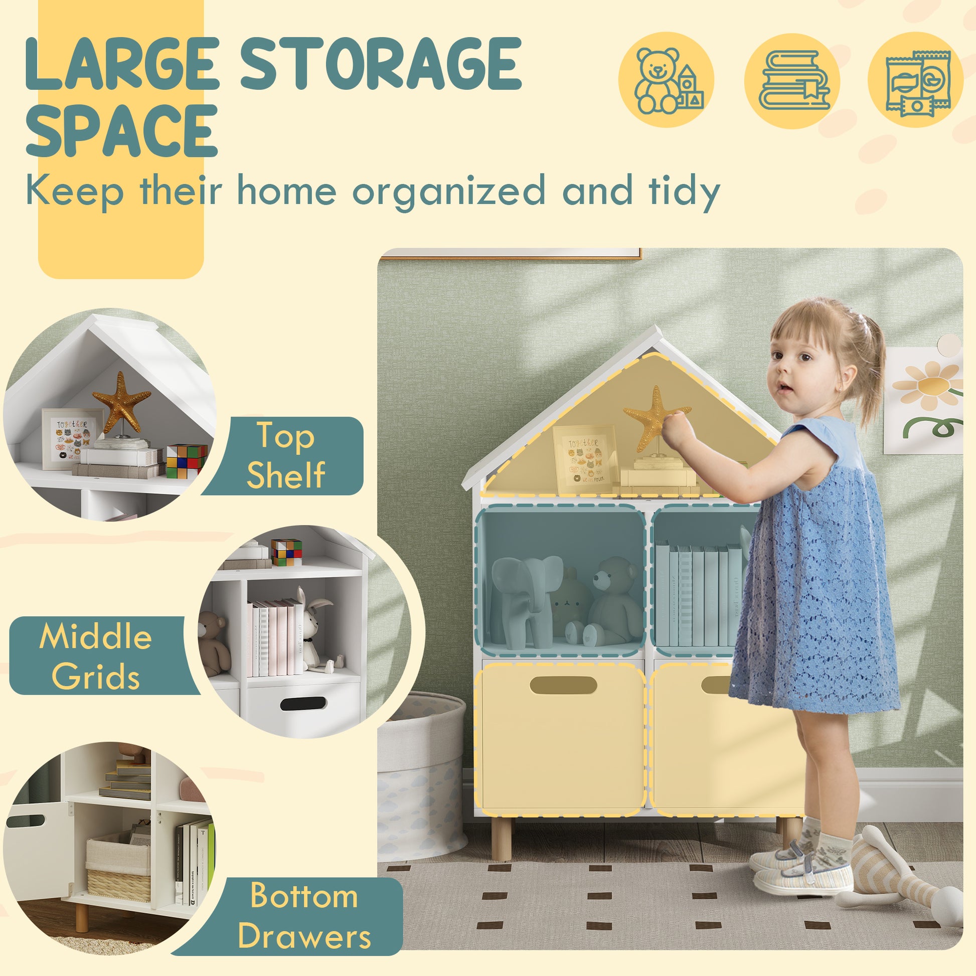 Childs bedroom storage unit with houseshaped design yellow drawers