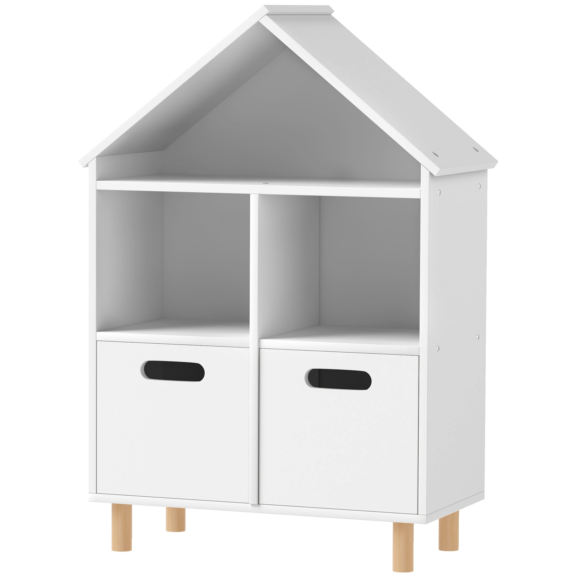 White houseshaped bookshelf with open shelves and two drawers on wooden legs