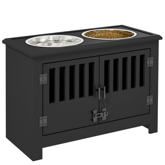 Black wooden dog crate furniture with two stainless steel bowls on top