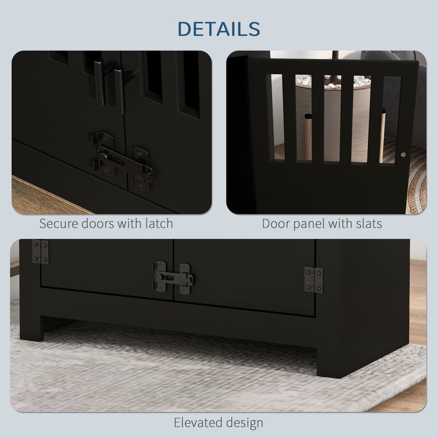 Black storage cabinet with two latching doors and metal hardware