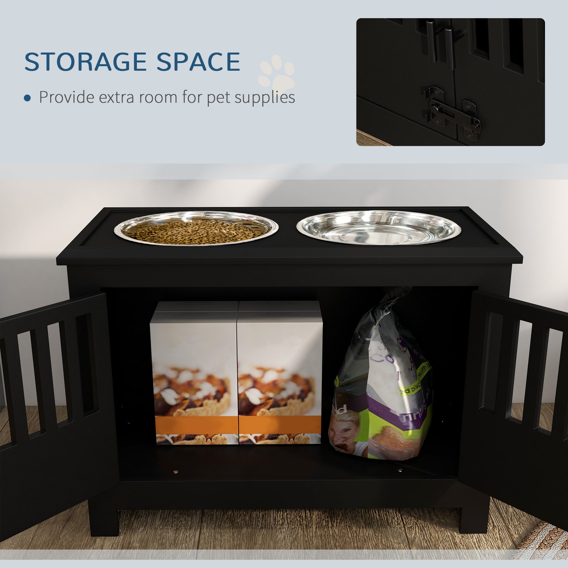 Black pet feeder station with two stainless steel bowls on top and storage cabinet below