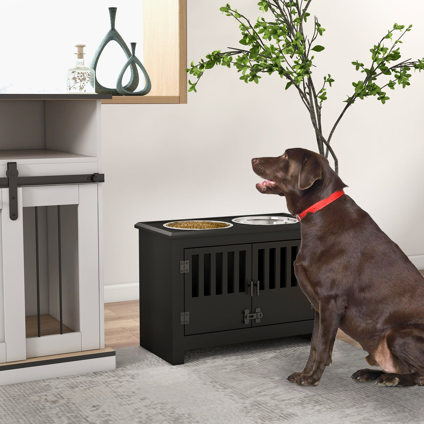 Black wooden dog crate furniture with double doors and integrated feeders for a Labrador
