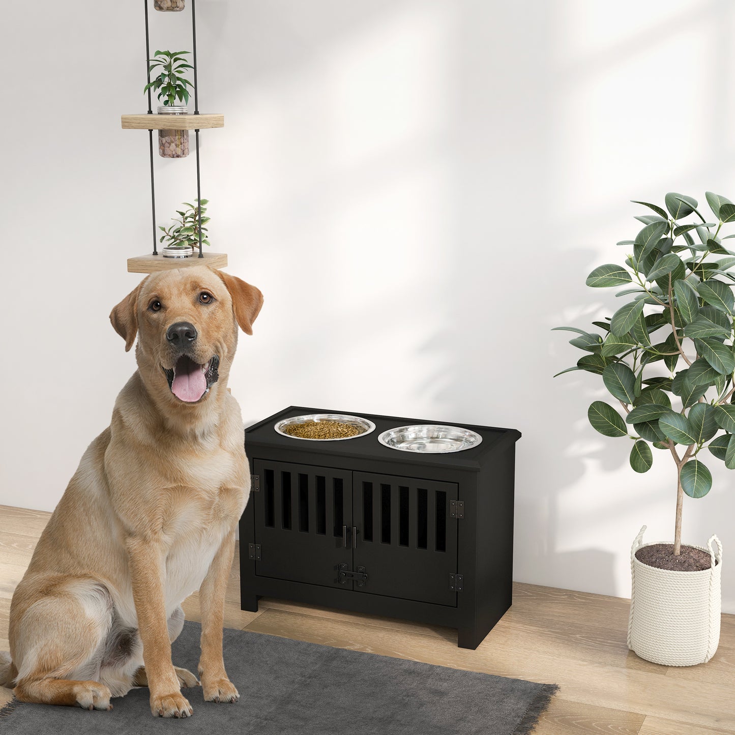 Black wooden dog crate with two elevated stainless steel bowls perfect for pets