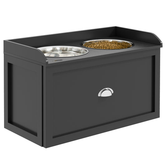 Modern grey wooden pet feeding station with two stainless steel bowls one filled with kibble