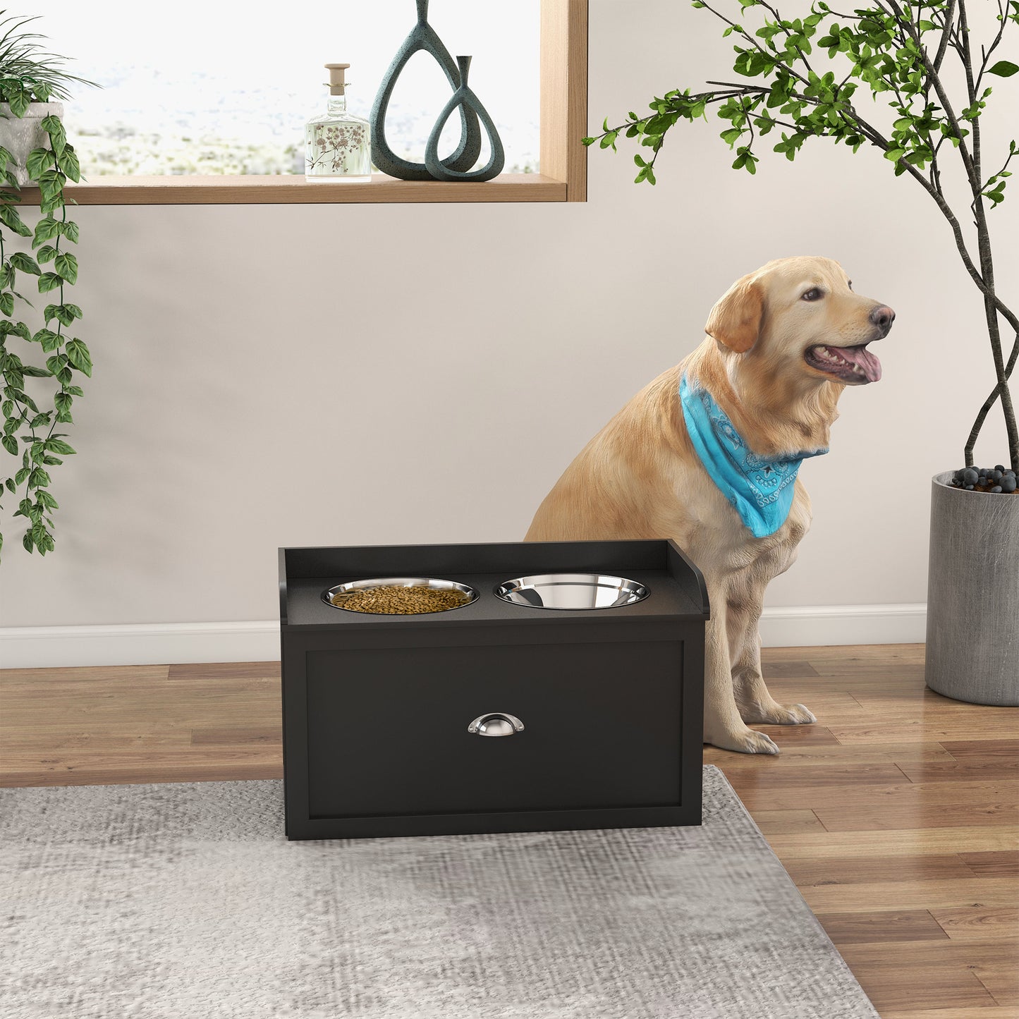 Black wooden dog feeder station with stainless steel bowls and storage drawer