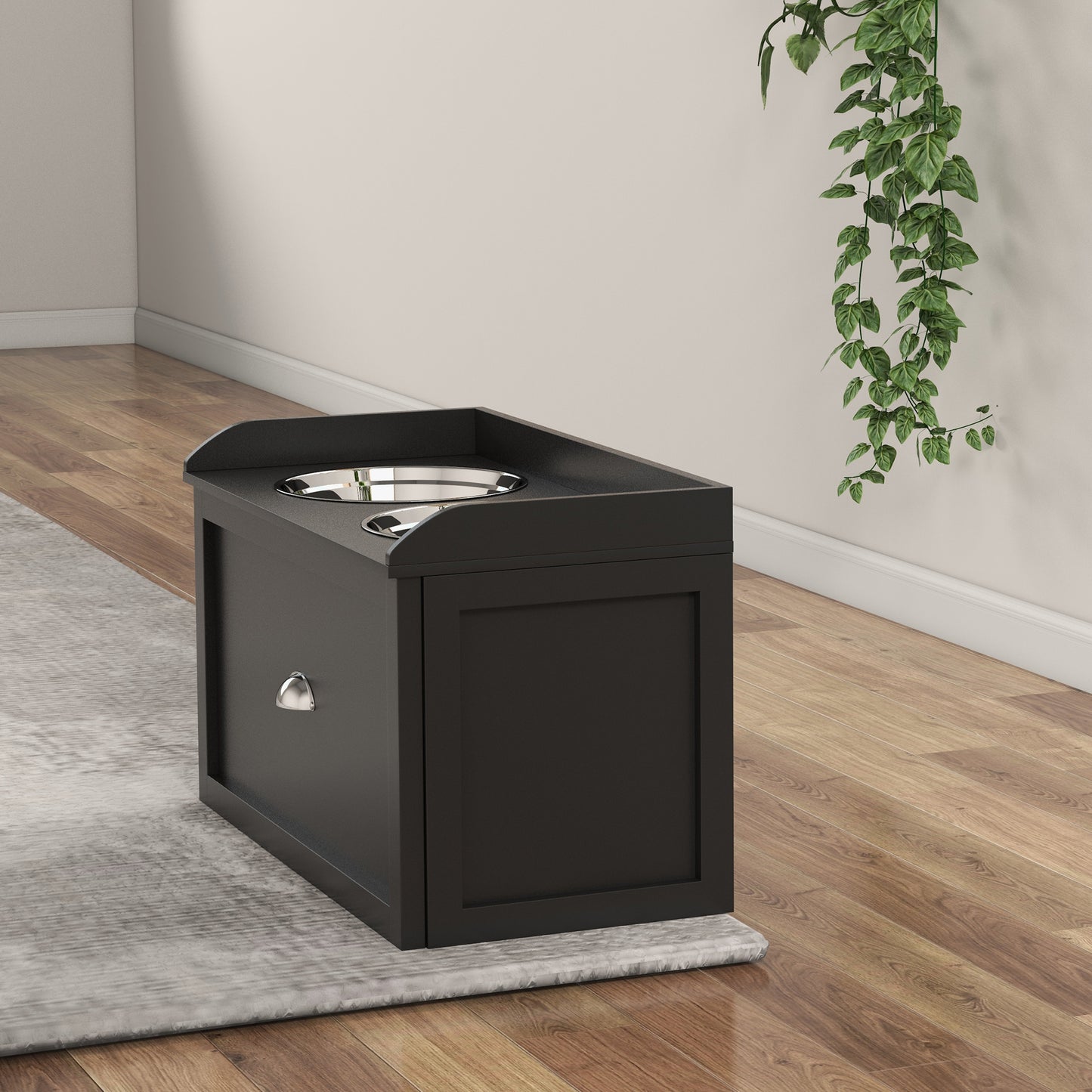 Black raised pet feeder with two stainless steel bowls on top