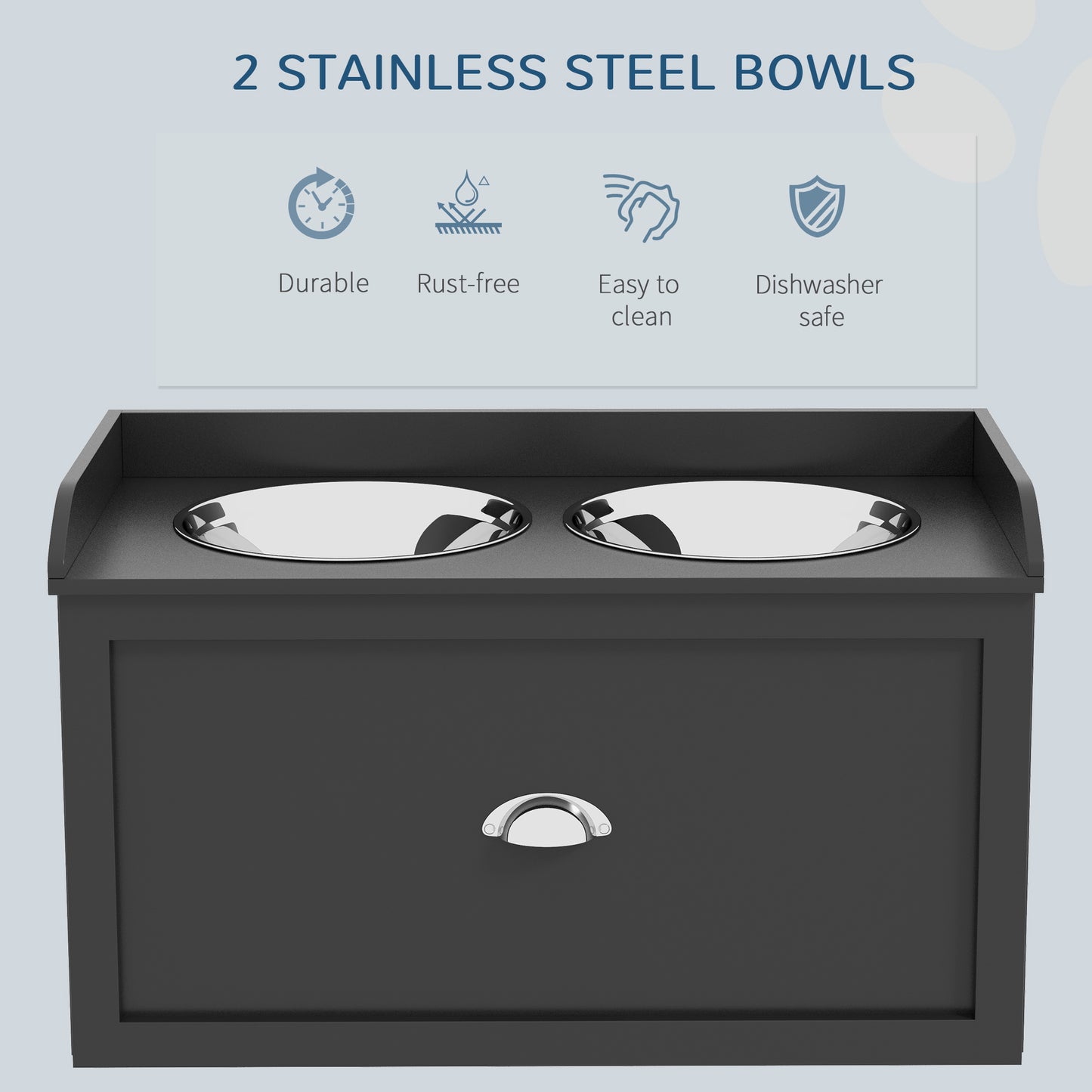 Dark gray dog bowl stand with two removable stainless steel bowls