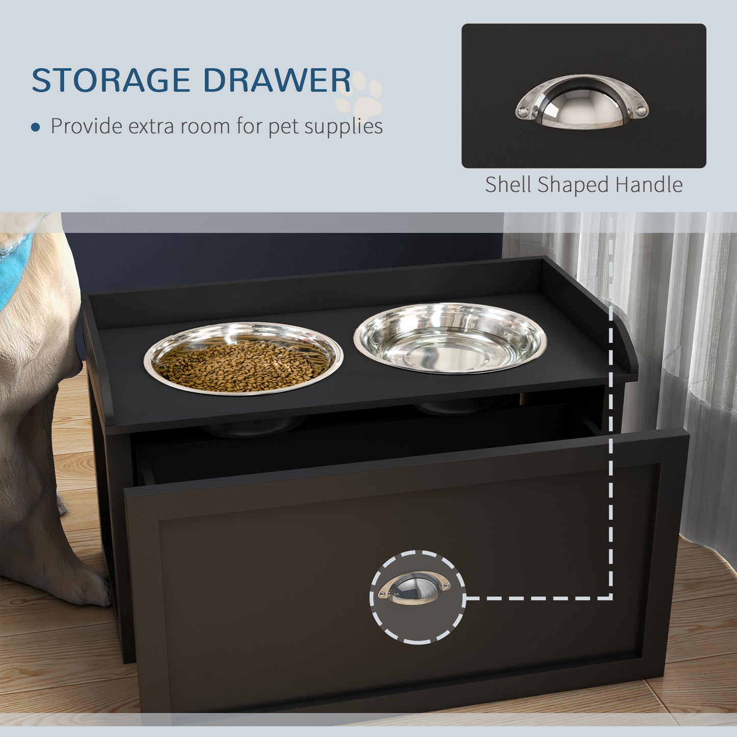 Black wooden pet feeder with storage drawer and two stainless steel bowls