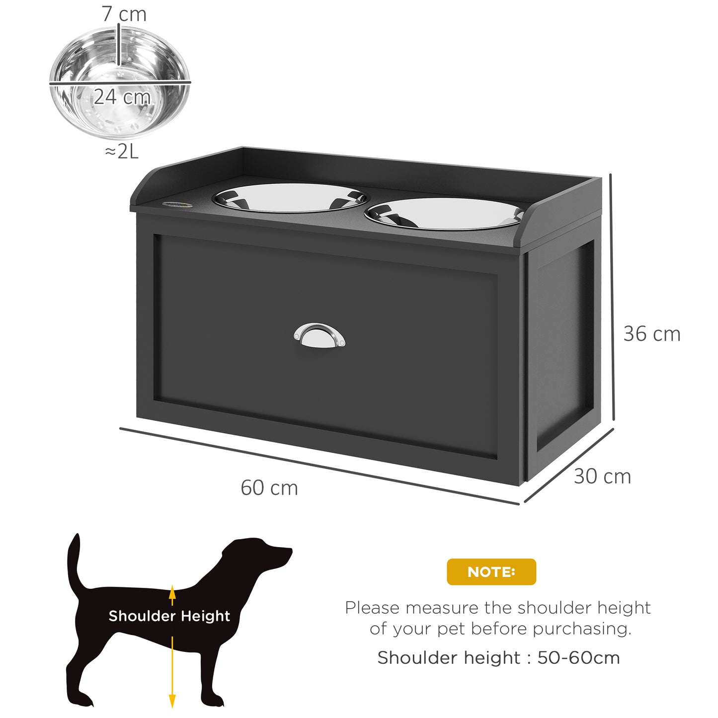 Raised dark wood pet feeder with two L stainless steel bowls for dogs