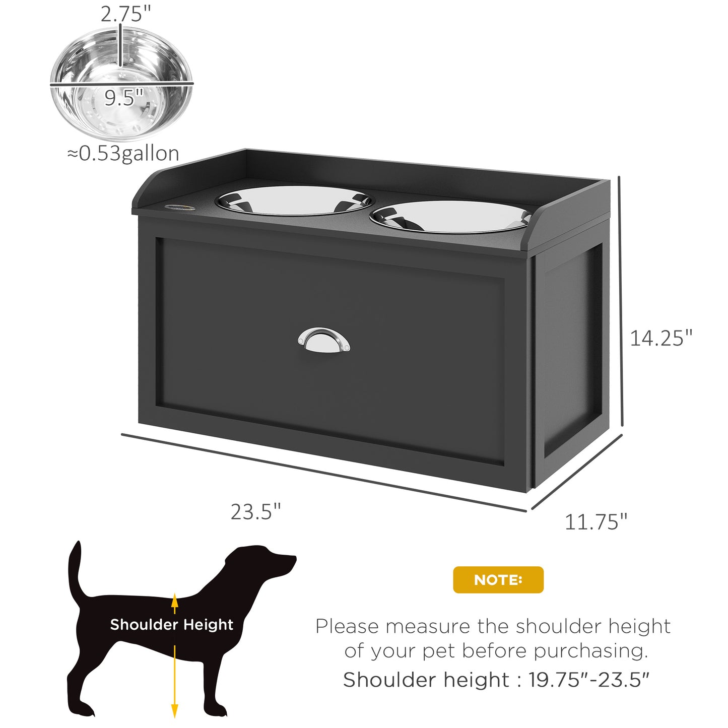 Dark wood elevated dog feeder with two stainless steel bowls  L x  W